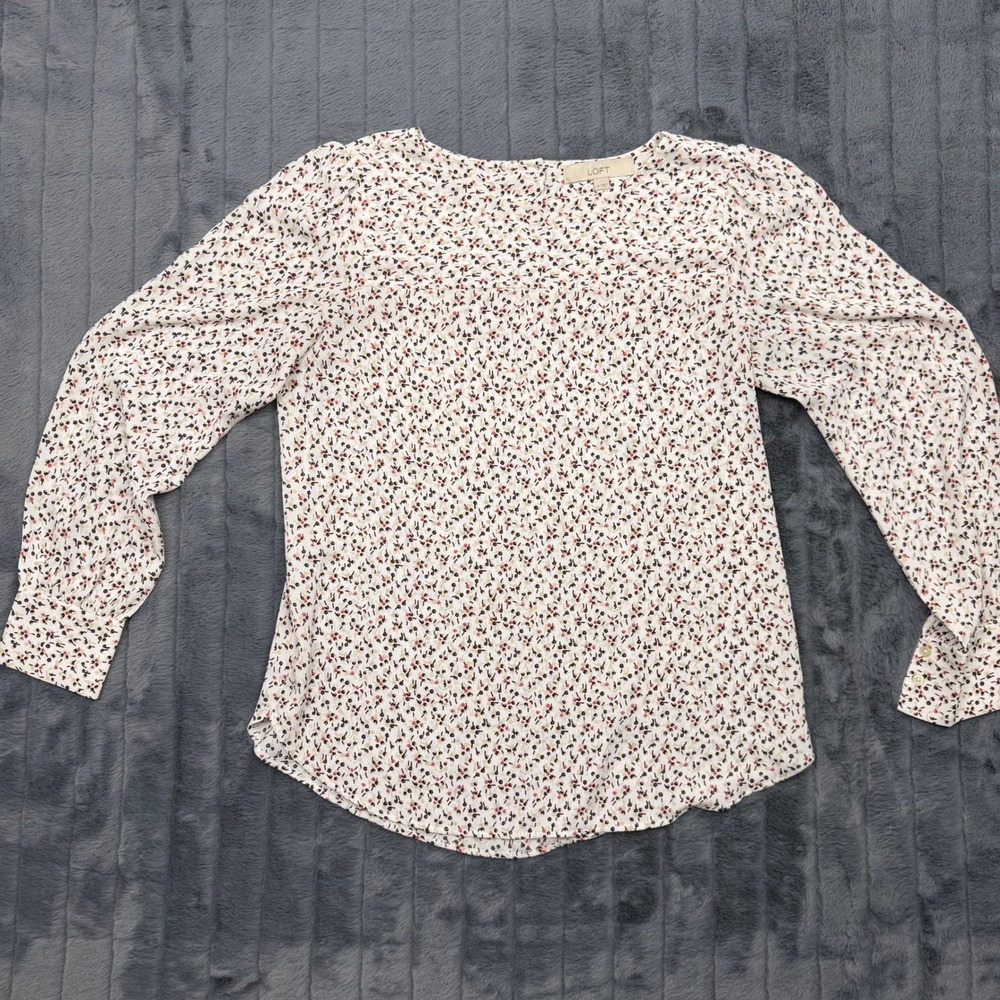 LOFT Womens Floral Long Sleeve Blouse White Burgundy M 479348